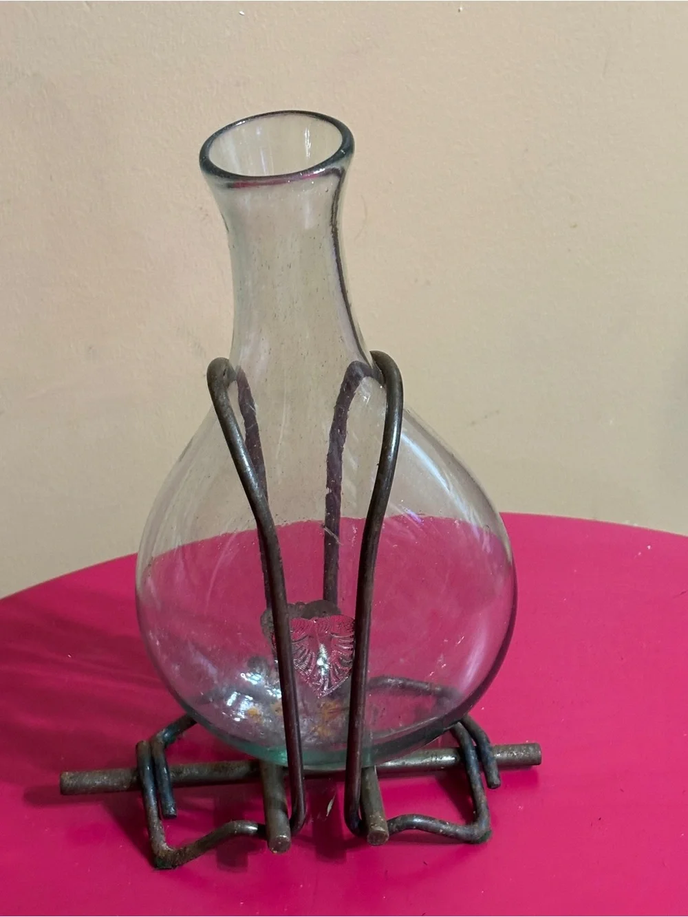 Vintage Glass Decanter with Wrought Iron Stand
